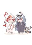  2girls :d animal_slippers blush_stickers chibi closed_mouth commentary eye_mask fu_hua fu_hua_(fenghuang_of_vicissitude) highres holding_hands honkai_(series) honkai_impact_3rd hood hood_down hood_up jingwei_(bird) long_hair long_sleeves mask mask_on_head multicolored_hair multiple_girls o_(ululuo00) onesie puffy_long_sleeves puffy_sleeves red_eyes redhead shadow simple_background slippers smile standing two-tone_hair very_long_hair white_background white_footwear white_hair 