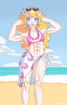  1girl abs beach blonde_hair blue_eyes flower_on_head muscular_female nintendo pink_bikini_top princess_peach sunglasses sunglasses_on_head super_mario_odyssey swimsuit 