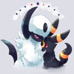  absol animal_focus closed_mouth colored_sclera commentary_request fang forehead-to-forehead grey_background heads_together horns markings no_humans open_mouth pokemon pokemon_(creature) red_eyes red_sclera satan_(zoroa553) simple_background single_horn star_(symbol) umbreon 