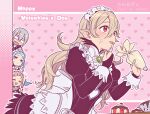  1boy 3girls back_bow black_dress blue_hair bow corrin_(female)_(fire_emblem) corrin_(fire_emblem) cupcake dress felicia_(fire_emblem) fire_emblem fire_emblem_fates flag flora_(fire_emblem) food food_on_face grey_hair hair_between_eyes happy_valentine heart heart_background highres hiyori_(rindou66) holding holding_flag holding_pastry_bag icing jakob_(fire_emblem) juliet_sleeves licking licking_finger long_hair long_sleeves maid maid_headdress multiple_girls pastry_bag pink_hair pointy_ears puffy_sleeves red_eyes sweatdrop tongue tongue_out white_bow white_hair 