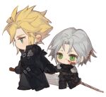  2boys age_difference aged_down armor belt black_coat black_footwear black_gloves black_pants black_sweater black_vest blonde_hair blood blood_in_hair blood_on_face blue_eyes boots brown_belt chest_strap chibi cloud_strife coat earrings expressionless facing_to_the_side final_fantasy final_fantasy_vii final_fantasy_vii_advent_children final_fantasy_vii_ever_crisis full_body gloves green_eyes grey_hair height_difference high_collar holding holding_hands holding_sword holding_weapon jewelry katana knee_boots long_sleeves male_focus maomaoyu multiple_boys open_clothes open_coat pants parted_bangs pauldrons sephiroth short_hair shoulder_armor shoulder_strap simple_background single_pauldron spiky_hair stud_earrings sweater sword time_paradox turtleneck turtleneck_sweater vest waist_cape walking weapon white_background 