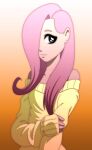  1girl arucardpl bare_shoulders blue_eyes fluttershy hair_over_one_eye highres long_sleeves looking_at_viewer my_little_pony my_little_pony:_friendship_is_magic off_shoulder personification pink_hair shirt sweater yellow_shirt yellow_sweater 