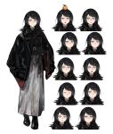  1girl angry bang_dream! bang_dream!_it&#039;s_mygo!!!!! black_coat black_footwear black_hair blue_eyes closed_eyes coat coat_on_shoulders expressionless expressions food fruit grey_skirt highres korii1018 long_hair looking_at_viewer multiple_views object_on_head open_mouth orange_(fruit) parted_lips simple_background skirt smile sweatdrop white_background yahata_umiri 