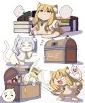  absurdres animal animal_ear_fluff animalization blonde_hair book book_stack cat clothed_animal frieren grey_hair highres j_humbo mimic mimic_chest no_humans serie_(sousou_no_frieren) sousou_no_frieren 