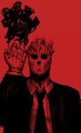  1boy clenched_hand commentary dorohedoro english_commentary highres limited_palette male_focus mask necktie red_background red_thighhighs shin_(dorohedoro) solo stitched_fingers stitched_hand stitches suit thigh-highs titann upper_body 
