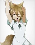  1girl animal_ear_fluff animal_ears armpits arms_up blonde_hair commentary fox_ears fox_tail green_ribbon hair_between_eyes highres kudamaki_tsukasa long_hair looking_at_viewer neck_ribbon one_eye_closed open_mouth ribbon seno_yunose short_sleeves simple_background solo stretching tail touhou upper_body white_background white_romper yellow_eyes 