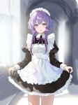  1girl alternate_costume apron black_skirt closed_mouth clothes_lift enmaided hair_ornament highres lifting_own_clothes long_sleeves looking_at_viewer low_twintails maid maid_apron maid_headdress miyota neck_ribbon puffy_long_sleeves puffy_sleeves purple_hair purple_ribbon ribbon skirt skirt_lift solo standing thighs twintails violet_eyes voiceroid white_apron yuzuki_yukari 