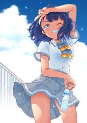  1girl ahoge arm_over_head blue_bow blue_bowtie blue_eyes blue_hair blue_sky bottle bow bowtie chida_daisuke clouds collared_shirt contrapposto cowboy_shot dress_shirt grey_skirt grin highres holding holding_bottle make_heroine_ga_oo_sugiru! medium_hair railing shirt skirt sky smile solo summer_uniform v white_shirt yanami_anna yellow_bow yellow_bowtie 