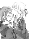  2girls ^_^ blazer blunt_bangs bow bowtie braid closed_eyes coattails collared_jacket collared_shirt commentary_request cowboy_shot danganronpa_(series) danganronpa_kirigiri eyelashes from_side glasses greyscale hair_over_shoulder hair_ribbon hand_on_another&#039;s_shoulder hood hood_down hooded_jacket jacket kirigiri_kyoko kiss kissing_forehead layered_sleeves light_blush long_hair long_sleeves monochrome multicolored_hair multiple_girls no+bi= open_mouth pleated_skirt ribbon samidare_yui shirt short_hair sidelocks single_braid skirt smile straight_hair streaked_hair teeth upper_body upper_teeth_only white_background yuri 