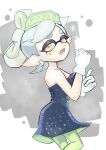  1girl bare_arms bare_shoulders black_dress bow-shaped_hair breasts dress earrings food food_on_head gloves green_pantyhose grey_hair half_updo highres hoop_earrings inkling jewelry marie_(splatoon) mole mole_under_eye object_on_head pantyhose pointy_ears short_dress solo splatoon_(series) strapless strapless_dress sushi swept_bangs tentacle_hair thick_eyebrows tombiham white_gloves yellow_eyes 