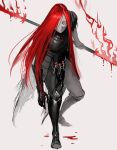  1other absurdres armor armored_boots black_armor blood boots character_request elden_ring fire flaming_weapon hanny_(uirusu_chan) highres jewelry long_hair looking_at_viewer red_eyes redhead simple_background 