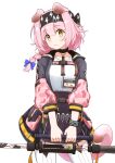  1girl animal_ears arknights black_bow black_collar black_hairband black_skirt blue_bow bow bracelet braid breasts cat_ears cat_girl cat_tail collar commentary_request contrapposto garter_straps goldenglow_(arknights) grey_jacket hair_between_eyes hair_bow hair_ornament hairband hairclip head_tilt high-waist_skirt holding holding_staff id_card jacket jewelry lightning_bolt_print long_hair looking_at_viewer miniskirt multicolored_clothes multicolored_jacket open_clothes open_jacket pink_hair pink_jacket pleated_skirt pocket print_bow print_hairband puffy_sleeves shirt side_braid simple_background single_braid skirt sleeves_past_elbows solo staff tail thigh-highs twitter_username wavy_mouth white_background white_shirt white_thighhighs yellow_eyes youdie 