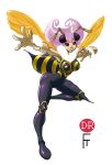 1girl antennae arthropod_girl artist_request bee_girl breasts compound_eyes covered_nipples hands_up highres insect_wings large_breasts looking_at_viewer non-web_source outstretched_arm outstretched_leg purple_hair q-bee short_hair simple_background solo standing standing_on_one_leg two-tone_bodysuit vampire_(game) wings 