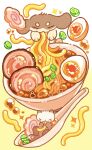  :3 blush_stickers closed_eyes commentary dog eating egg food food_focus gorugon01 highres kamaboko meat narutomaki no_humans noodles original otter ramen sea_otter smile sparkle spoon symbol-only_commentary tail undersized_animal yellow_background 