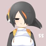  1girl :q black_eyes black_hair black_jacket blush breasts closed_mouth commentary_request emperor_penguin_(kemono_friends) grey_background hair_between_eyes hair_over_one_eye half-closed_eyes headphones jacket kemono_friends lets0020 long_bangs looking_at_viewer medium_breasts multicolored_hair numbered one-piece_swimsuit open_clothes open_jacket orange_hair short_hair simple_background smile solo streaked_hair swimsuit tongue tongue_out upper_body white_one-piece_swimsuit 