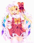  1girl blonde_hair bow bowtie breasts chisiro_unya_(unya_draw) collared_shirt cowboy_shot crystal fang flandre_scarlet frilled_bow frilled_bowtie frilled_shirt_collar frilled_skirt frilled_sleeves frills hair_between_eyes happy hat hat_bow head_tilt heart large_bow long_hair looking_at_viewer multicolored_wings one_side_up open_mouth puffy_short_sleeves puffy_sleeves red_bow red_eyes red_skirt red_vest shirt short_sleeves simple_background skirt skirt_hold skirt_set sleeve_bow sleeve_ribbon small_breasts solo thigh-highs touhou vest white_background white_hat white_shirt white_thighhighs wings yellow_bow yellow_bowtie zettai_ryouiki 