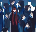  6+others :o arms_behind_back black_cloak cloak closed_eyes closed_mouth commentary crowd esloena hood hood_up hooded_cloak long_hair looking_at_viewer multiple_others original other_focus red_eyes redhead smile symbol-only_commentary 