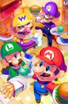  4boys absurdres blue_eyes blue_overalls boots brothers brown_footwear brown_hair burger corn_dog facial_hair food french_fries gloves green_hat green_shirt hat highres holding holding_plate ice_cream ice_cream_cone luigi male_focus mario mario_party mario_party_4 multiple_boys mustache nervous one_eye_closed open_mouth overalls pink_nose plate purple_hat purple_overalls purple_shirt red_hat red_shirt shirt shoes short_hair siblings soup super_mario_bros. surprised teeth tile_floor tiles upper_teeth_only waluigi wario white_gloves yellow_hat yellow_shirt yuuma_rimi 
