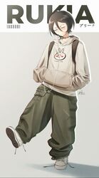  1girl absurdres alternate_costume backpack bag barcode black_choker black_hair bleach casual character_name choker earphones green_pants grey_hoodie highres hood hoodie kuchiki_rukia pants shoes short_hair sneakers solo waligner white_footwear 