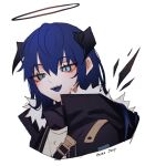  1girl anies_kouhai arknights black_coat blue_eyes blue_hair blue_tongue coat colored_tongue cropped_torso fangs fur_trim halo horns looking_at_viewer medium_hair mostima_(arknights) open_mouth portrait simple_background smile solo white_background 