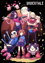  1other 3boys :3 angry annoying_dog black_background black_eyes blank_eyes blue_jacket blue_sweater bone brown_footwear brown_hair closed_eyes closed_mouth copyright_name frisk_(undertale) full_body grin hair_over_one_eye headphones highres holding holding_stick hood hooded_jacket jacket mettaton mettaton_ex midriff_peek mouth_hold multiple_boys nagatsukiariake napstablook open_mouth papyrus_(undertale) petals pink_footwear red_footwear sans_(undertale) short_hair skeleton slippers smile solid_circle_eyes stick sweater temmie undertale 