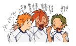  3boys ^_^ blush_stickers closed_eyes cropped_torso dot_nose green_hair happy heart heart_in_mouth humanization jose_carioca male_focus motion_lines multiple_boys open_mouth orange_hair panchito_pistoles patting_back redhead robin_hood_(disney) robin_hood_(disney)_(character) shirt short_hair sweatdrop t-shirt the_three_caballeros thumbs_up translation_request uochandayo waving 