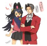  1boy 1girl ace_attorney ace_attorney_investigations angry arms_at_sides ascot black_skirt blue_scarf cropped_legs crossed_arms fon-due_(fonfon) green_eyes grey_hair grin jacket kay_faraday key_hair_ornament long_hair miles_edgeworth open_mouth pants pleated_skirt ponytail red_jacket red_pants scarf simple_background skirt smile speech_bubble teeth translation_request upper_teeth_only white_ascot white_background 