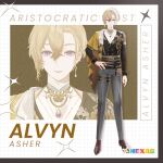  1boy alvyn_asher belt black_belt black_shirt blonde_hair braid brown_footwear character_name closed_mouth commentary earrings english_commentary english_text full_body grey_pants grid hair_between_eyes hand_on_own_hip jewelry logo looking_at_viewer multiple_belts necklace nexas_(vtuber_agency) official_art pants shei99 shirt single_earring solo standing violet_eyes virtual_youtuber 