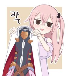  1girl border brown_eyes cape collarbone crossed_bangs dress eyelashes hair_between_eyes hair_bobbles hair_ornament hibun_tsukasa holding holding_clothes inui_sajuna long_hair looking_at_viewer open_mouth outline pink_hair purple_dress side_ponytail sono_bisque_doll_wa_koi_wo_suru translation_request white_border white_cape white_outline 