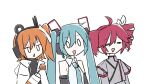  3girls =_= a.i._voice absurdres adachi_rei aqua_hair bare_shoulders black_shirt black_sleeves bow buttons closed_eyes coat commentary double-breasted drill_hair food fried_chicken grey_jacket hair_bow hair_ornament hatsune_miku hatsune_miku_(vocaloid4) headlamp headphones highres holding holding_food jacket jitome kasane_teto kasane_teto_(sv) long_hair multiple_girls open_mouth orange_hair parody radio_antenna red_trim redhead shirt short_hair shoulder_belt side-by-side side_ponytail simple_background sketch sleeveless sleeveless_shirt solid_oval_eyes synthesizer_v triangle_mouth triple_baka_(vocaloid) turtleneck twin_drills twintails uniform upper_body utau v-shaped_eyebrows v4x very_long_hair vocaloid white_background white_bow white_coat white_eyes white_shirt yasai31 