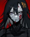  1girl absurdres android black_hair blood blood_on_face blue_eyes chuhaibane cigarette expressionless falke_(signalis) forehead_jewel gem highres long_hair looking_at_viewer red_background red_gemstone signalis simple_background solo upper_body very_long_hair 