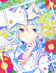  1boy 43_pon bad_id bad_twitter_id blue_hair braid closed_mouth ensemble_stars! floral_background flower hair_between_eyes hands_up hibiki_wataru highres leaf long_hair long_sleeves looking_at_viewer lying male_focus on_back red_flower smile solo upper_body violet_eyes white_hair 