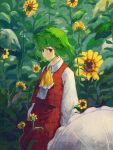  1girl ascot closed_mouth collared_shirt commentary flower frilled_ascot frills ge_dazuo green_hair highres kazami_yuuka long_sleeves open_clothes open_vest outdoors red_eyes red_skirt red_vest shirt skirt skirt_set solo standing sunflower touhou umbrella vest white_shirt yellow_ascot yellow_flower 