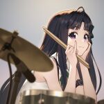  1girl :3 ahoge arm_belt awa_subaru bare_shoulders belt black_belt black_hair blunt_bangs blurry blurry_foreground bow closed_mouth collared_shirt commentary_request depth_of_field drum drum_set drumsticks from_side girls_band_cry green_bow green_ribbon grey_background hair_bow hair_over_shoulder hands_on_own_face hands_up head_rest highres holding holding_drumsticks instrument leaning_forward long_hair looking_at_viewer looking_to_the_side microphone neck_ribbon raised_eyebrows ribbon shirt sidelocks sideways_glance sleeveless sleeveless_shirt smile solo thick_eyelashes ttc upper_body violet_eyes white_shirt 