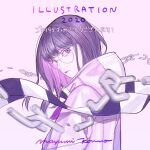  1girl 2020 broken broken_chain chain glasses hood hood_down illustration.media long_hair looking_at_viewer mayumi_konno monochrome purple_background purple_hair purple_theme round_eyewear scarf shadow signature simple_background solo striped_clothes striped_scarf upper_body violet_eyes 