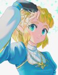  1girl adjusting_hair black_gloves blonde_hair blue_shirt braid commentary crown_braid fingerless_gloves gloves green_eyes highres looking_afar pointy_ears princess_zelda puffy_sleeves shirt short_hair solo symbol-only_commentary the_legend_of_zelda the_legend_of_zelda:_tears_of_the_kingdom tk_12 upper_body 
