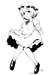  1girl breasts collared_dress commentary_request dress frilled_dress frills full_body greyscale hat highres juliet_sleeves loafers long_sleeves maribel_hearn mob_cap monochrome neck_ribbon puffy_sleeves ribbon shoes short_hair simple_background skirt skirt_hold small_breasts solo touhou white_background yanotsuki18 
