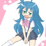 1girl balsamic_sauce blue_hair blush cosplay furude_rika_(cosplay) green_eyes higurashi_no_naku_koro_ni izumi_konata looking_at_viewer lowres lucky_star open_mouth pixel_art solo