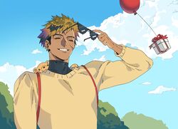  1boy animal_crossing backpack bag balloon black_hair blonde_hair blue_sky closed_eyes clouds earrings gift highres holding holding_removed_eyewear jewelry layered_clothes multicolored_hair nijisanji nijisanji_en outdoors scar scar_on_face scar_on_forehead scar_on_nose screetuber sky smile solo spiky_hair stud_earrings stuffed_animal stuffed_toy sunglasses sweater teddy_bear tree turtleneck two-tone_hair unworn_eyewear vantacrow_bringer virtual_youtuber yellow_sweater 