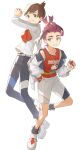  2boys absurdres black_hair brown_eyes brown_hair florian_(pokemon) full_body gloves hand_in_pocket highres holding holding_poke_ball honyaru_(nanairo39) jacket kieran_(pokemon) long_sleeves male_focus multicolored_hair multiple_boys off_shoulder open_clothes open_jacket orange_eyes pants partially_fingerless_gloves poke_ball poke_ball_(basic) pokemon pokemon_sv purple_hair red_gloves red_tank_top shoes shorts simple_background single_glove tank_top white_background white_footwear 