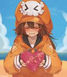 &gt;_&lt; 1girl absurdres black_gloves box box_of_chocolates brown_hair cabbie_hat fingerless_gloves gift gift_box gloves guilty_gear guilty_gear_strive hat hat_ornament heart-shaped_box highres holding holding_gift hood hoodie long_hair long_sleeves looking_at_viewer may_(guilty_gear) mil17459623 open_mouth orange_hat orange_hoodie skull_and_crossbones skull_hat_ornament valentine 