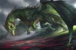  alectorfencer animal_focus artist_name claws commentary crack cracked_floor dragon english_commentary flying from_side grass green_eyes green_scales grey_sky horns monster multiple_horns no_humans original outdoors scales simple_bird sky solo tail web_address western_dragon wings 