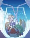  3girls air_bubble bad_id bad_twitter_id berry blonde_hair blue_eyes blue_sky bubble clouds commentary_request cone_hair_bun cup double_bun drinking drinking_straw food fruit full_body hair_bun hand_on_own_cheek hand_on_own_face hand_up highres hojo_sophy in_container in_cup kiwi_(fruit) kiwi_slice looking_at_viewer manaka_laala minami_mirei mini_person minigirl multiple_girls orange_(fruit) orange_slice out_of_frame pretty_series pripara ruru_ashihara shared_drink short_hair sitting sky solo_focus strawberry submerged water 