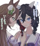  ahoge alternate_hairstyle animal_ears black_hair blue_eyes brown_hair commentary_request ear_covers green_eyes hair_between_eyes hair_ornament hat horse_ears horse_girl horseshoe_ornament katsuragi_ace_(umamusume) long_hair long_sleeves mini_hat mini_top_hat mocha_(mochaxgm) mr._c.b._(umamusume) multicolored_hair purple_shirt redhead sailor_collar sailor_shirt school_uniform shirt smile streaked_hair top_hat tracen_school_uniform translation_request twintails umamusume white_hair 