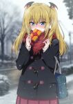  1girl bag bare_tree blonde_hair blue_eyes blush coat eyelashes gift head_wings highres holding holding_gift long_hair nakahira_guy original outdoors road scarf shoulder_bag snow snowing solo stella_flavia tree twintails wings winter winter_clothes winter_coat 