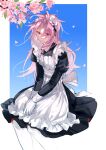  1boy absurdres alternate_costume antenna_hair apron black_dress cherry_blossoms chinese_commentary closed_mouth collared_dress commentary_request crossdressing dress enmaided flower frilled_apron frilled_dress frills gloves hands_on_lap hatsutori_hajime highres invisible_chair long_hair maid maid_apron maid_headdress male_focus male_maid pantyhose parted_bangs pink_flower pink_hair puffy_sleeves red_eyes saibou_shinkyoku sitting smile solo white_apron white_gloves white_pantyhose wotmyijingwuyuwuqiule 