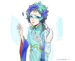  1other blue_hair facepaint facial_mark feathers forehead_mark gloves gnosia green_eyes green_hair hair_between_eyes long_hair long_sleeves looking_at_viewer multicolored_hair raqio short_hair simple_background solo tattoo upper_body yuyht1758 