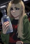  1girl absolut_vodka absurdres alcohol black_eyes black_sweater blonde_hair bottle convenience_store green_jacket highres holding holding_bottle jacket jessie_(veyonis) long_hair looking_at_object messy_hair nervous original print_shirt shirt shop shopping supermarket sweater veyonis vodka 