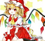  1girl ascot bat_wings blonde_hair crystal flandre_scarlet hat hat_ribbon kneeling marker_(medium) mob_cap monji_(monzi328) multicolored_wings one_side_up open_mouth puffy_short_sleeves puffy_sleeves red_eyes red_skirt red_vest ribbon short_sleeves side_ponytail skirt skirt_set solo touhou traditional_media vest white_hat wings yellow_ascot 