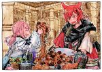  1boy 1girl :d animal_ears border braid cat_ears chicken_(food) cup dated final_fantasy final_fantasy_xiv food fried_chicken g&#039;raha_tia hair_ornament hairclip holding holding_plate itowo_(itowc) lalafell meatball miqo&#039;te mug open_mouth pasta pink_hair plate red_eyes redhead salad smile spaghetti spaghetti_and_meatballs warrior_of_light_(ff14) white_border wide-eyed x_hair_ornament 